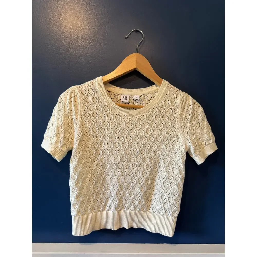 GAP | Ivory 100% Cotton Pointelle Puff-Sleeve Sweater | Size Medium